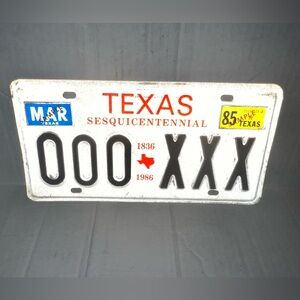 Vintage 1985 1986 Sample License Plate 000 XXX Sesquicentennial Wall Art Texas